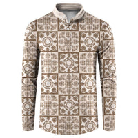 Beige Palaka Quilt Hawaii Button Sweatshirt Hawaiian Tropical Monstera Sea Turtle