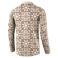 Beige Palaka Quilt Hawaii Button Sweatshirt Hawaiian Tropical Monstera Sea Turtle