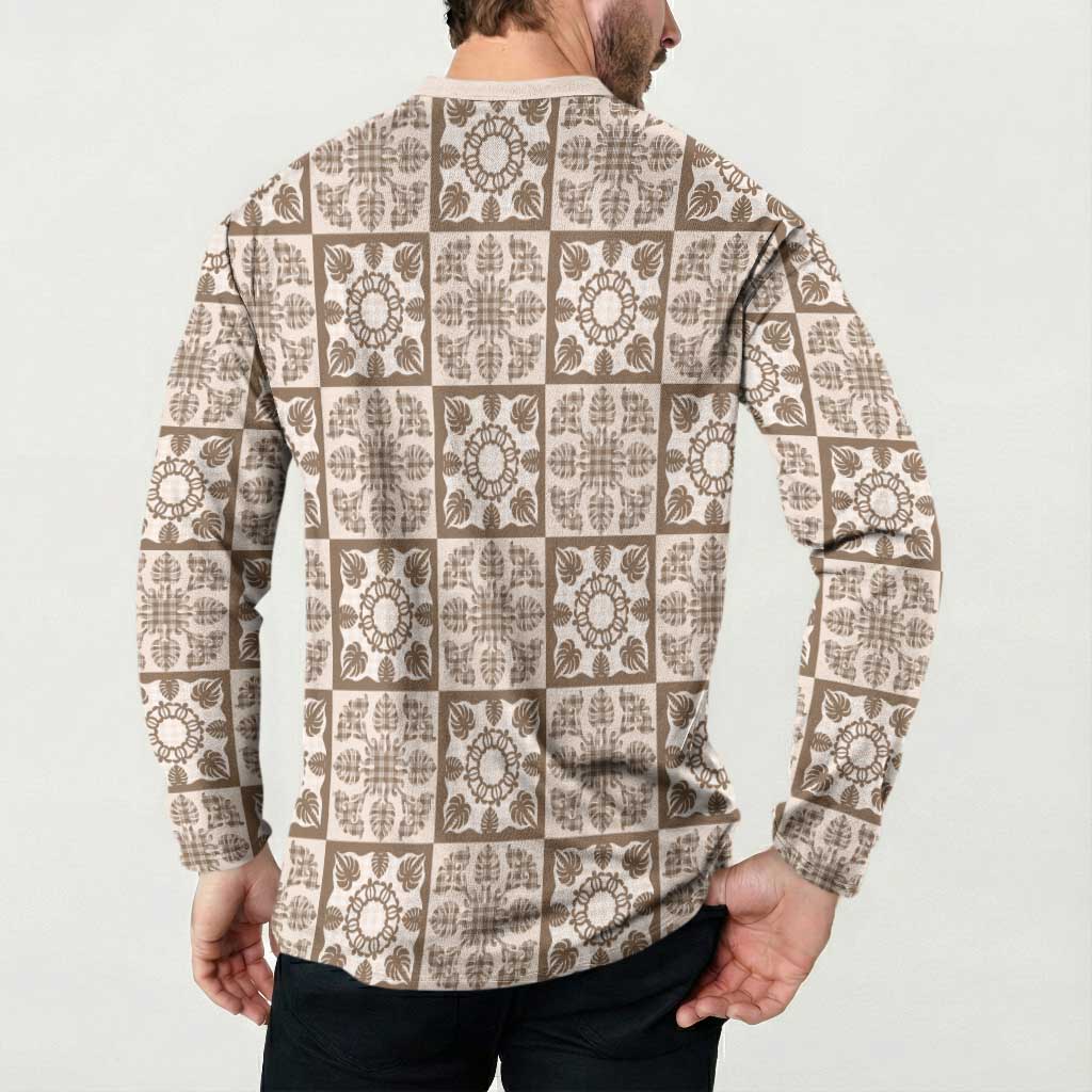 Beige Palaka Quilt Hawaii Button Sweatshirt Hawaiian Tropical Monstera Sea Turtle