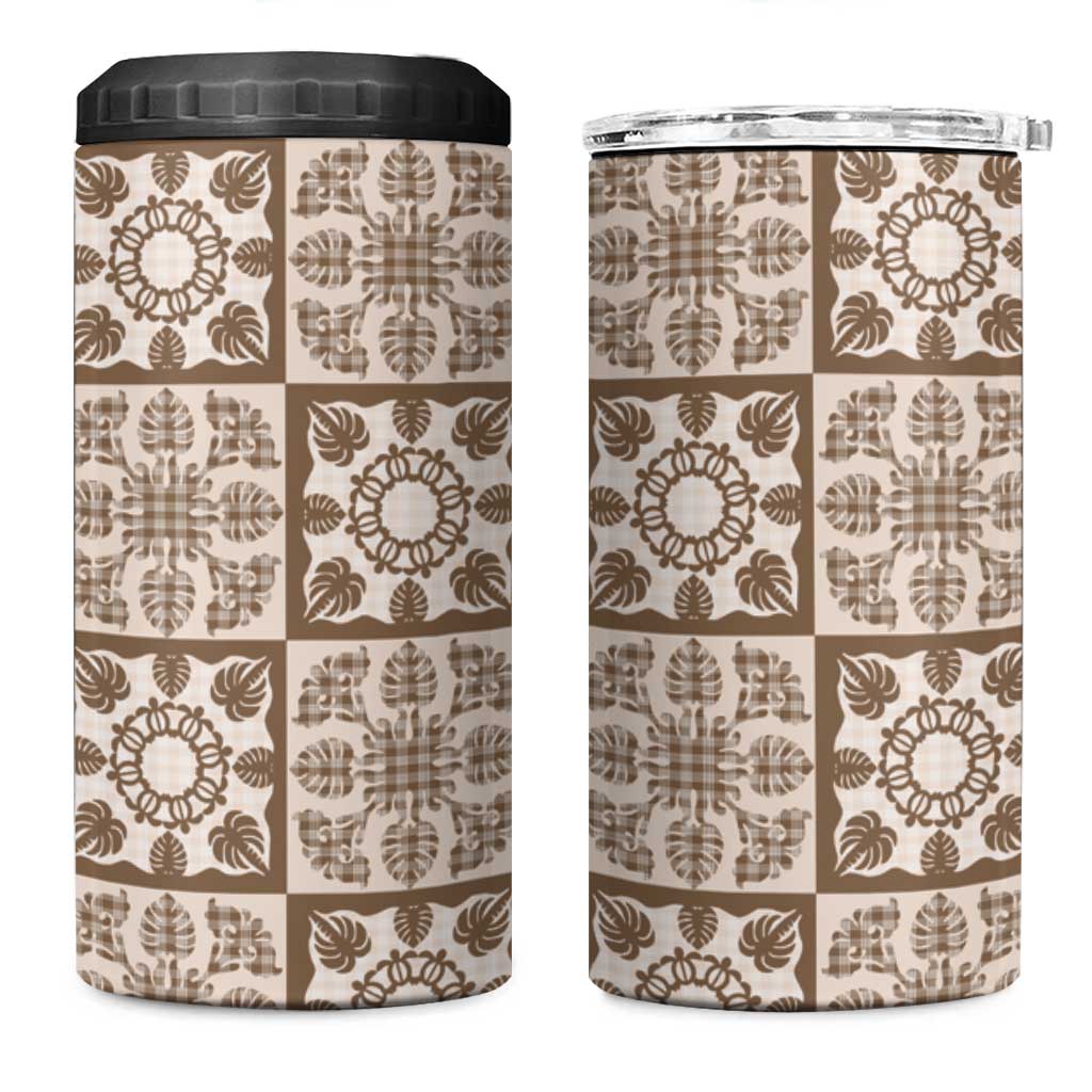 Beige Palaka Quilt Hawaii 4 in 1 Can Cooler Tumbler Hawaiian Tropical Monstera Sea Turtle