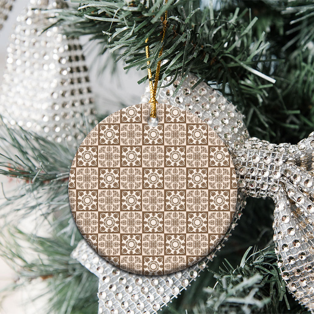 Beige Palaka Quilt Hawaii Ceramic Ornament Hawaiian Tropical Monstera Sea Turtle