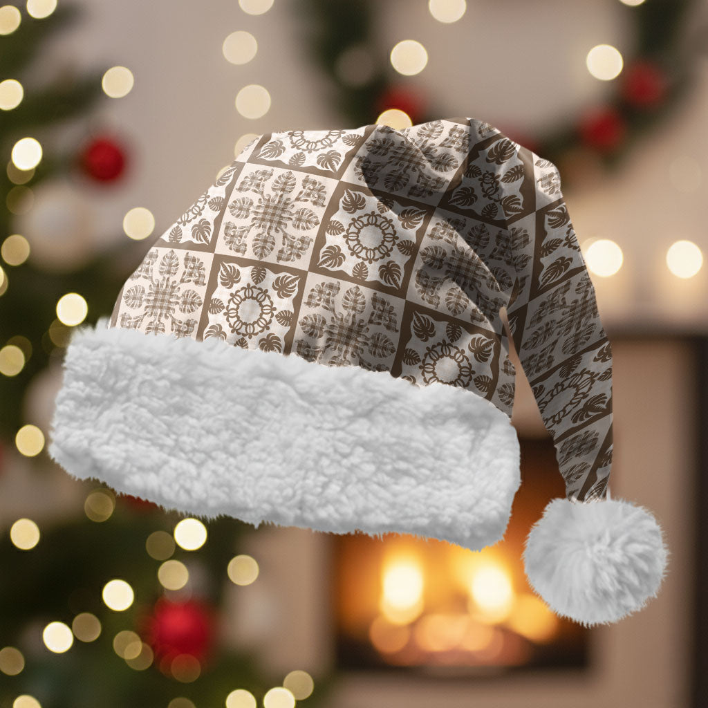 Beige Palaka Quilt Hawaii Christmas Santa Hat Hawaiian Tropical Monstera Sea Turtle