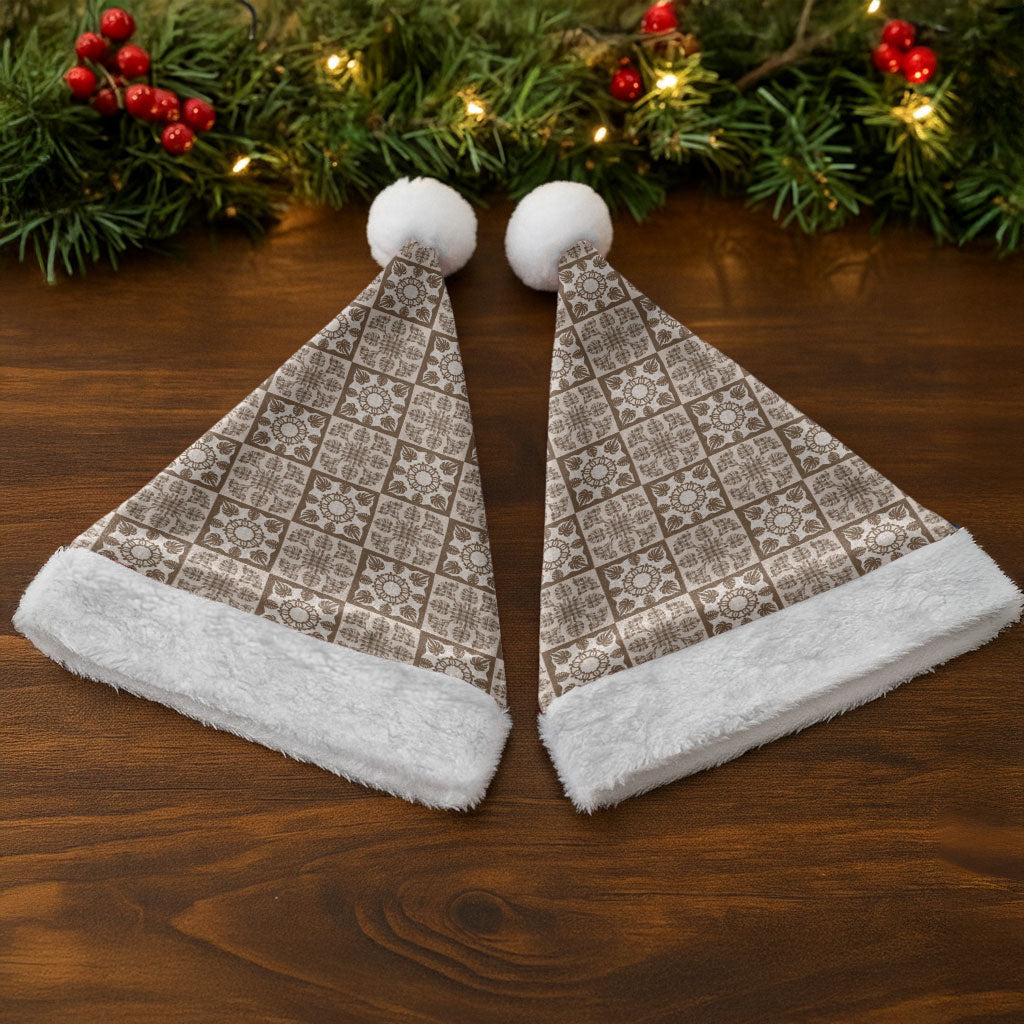 Beige Palaka Quilt Hawaii Christmas Santa Hat Hawaiian Tropical Monstera Sea Turtle