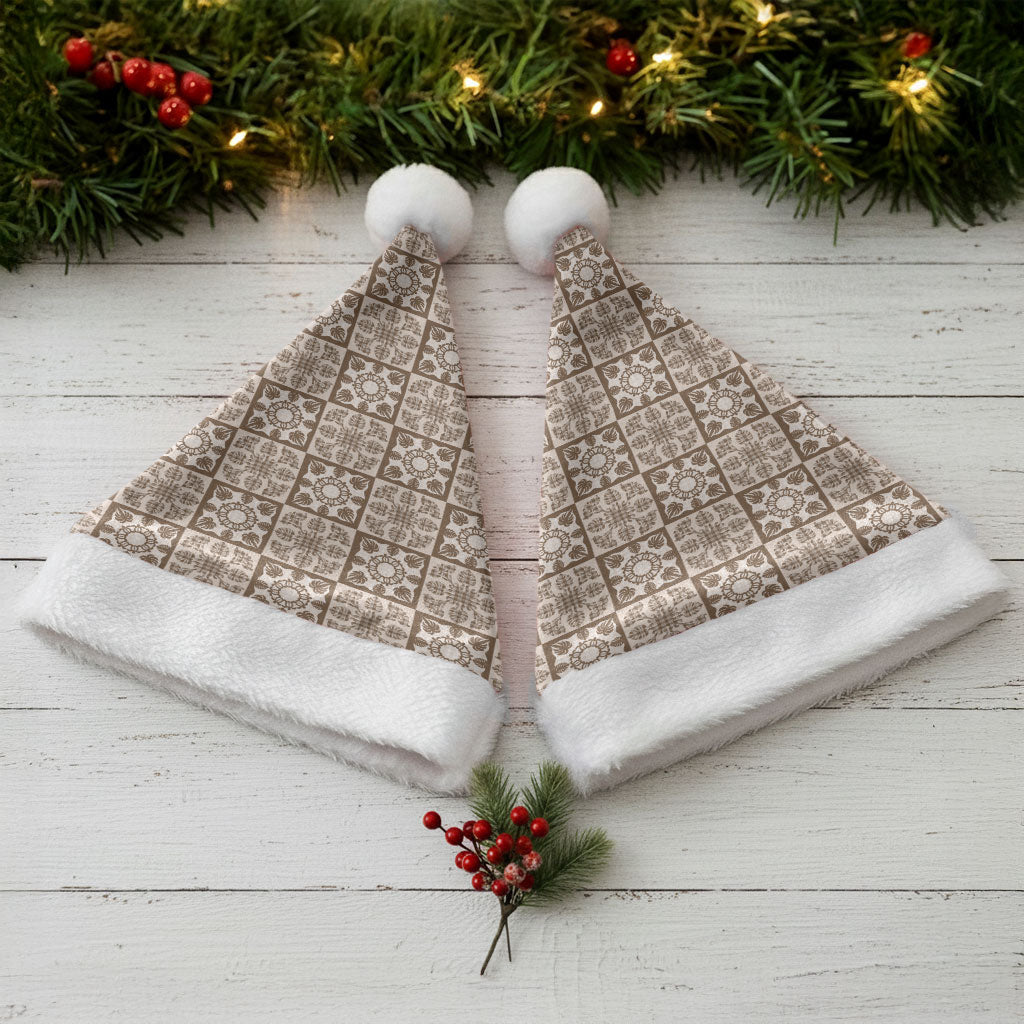 Beige Palaka Quilt Hawaii Christmas Santa Hat Hawaiian Tropical Monstera Sea Turtle