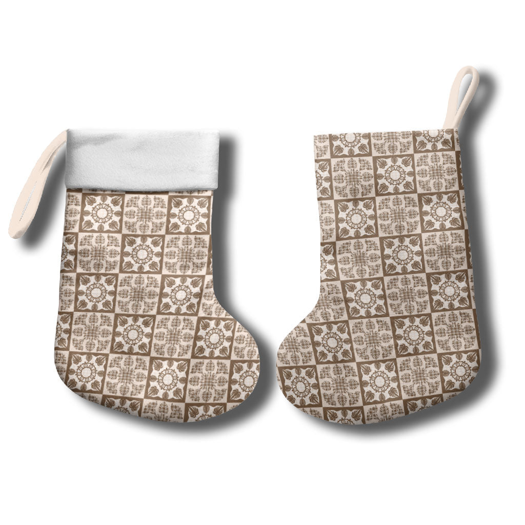 Beige Palaka Quilt Hawaii Christmas Stocking Hawaiian Tropical Monstera Sea Turtle