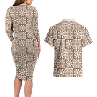 Beige Palaka Quilt Hawaii Couples Matching Long Sleeve Bodycon Dress and Hawaiian Shirt Hawaiian Tropical Monstera Sea Turtle LT14 - Polynesian Pride