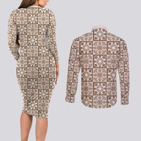 Beige Palaka Quilt Hawaii Couples Matching Long Sleeve Bodycon Dress and Long Sleeve Button Shirt Hawaiian Tropical Monstera Sea Turtle LT14 - Polynesian Pride