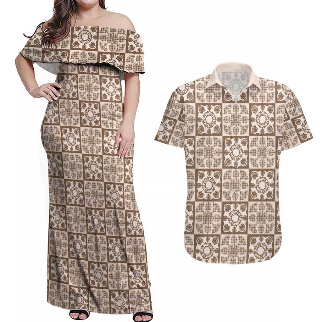 Beige Palaka Quilt Hawaii Couples Matching Off Shoulder Maxi Dress and Hawaiian Shirt Hawaiian Tropical Monstera Sea Turtle