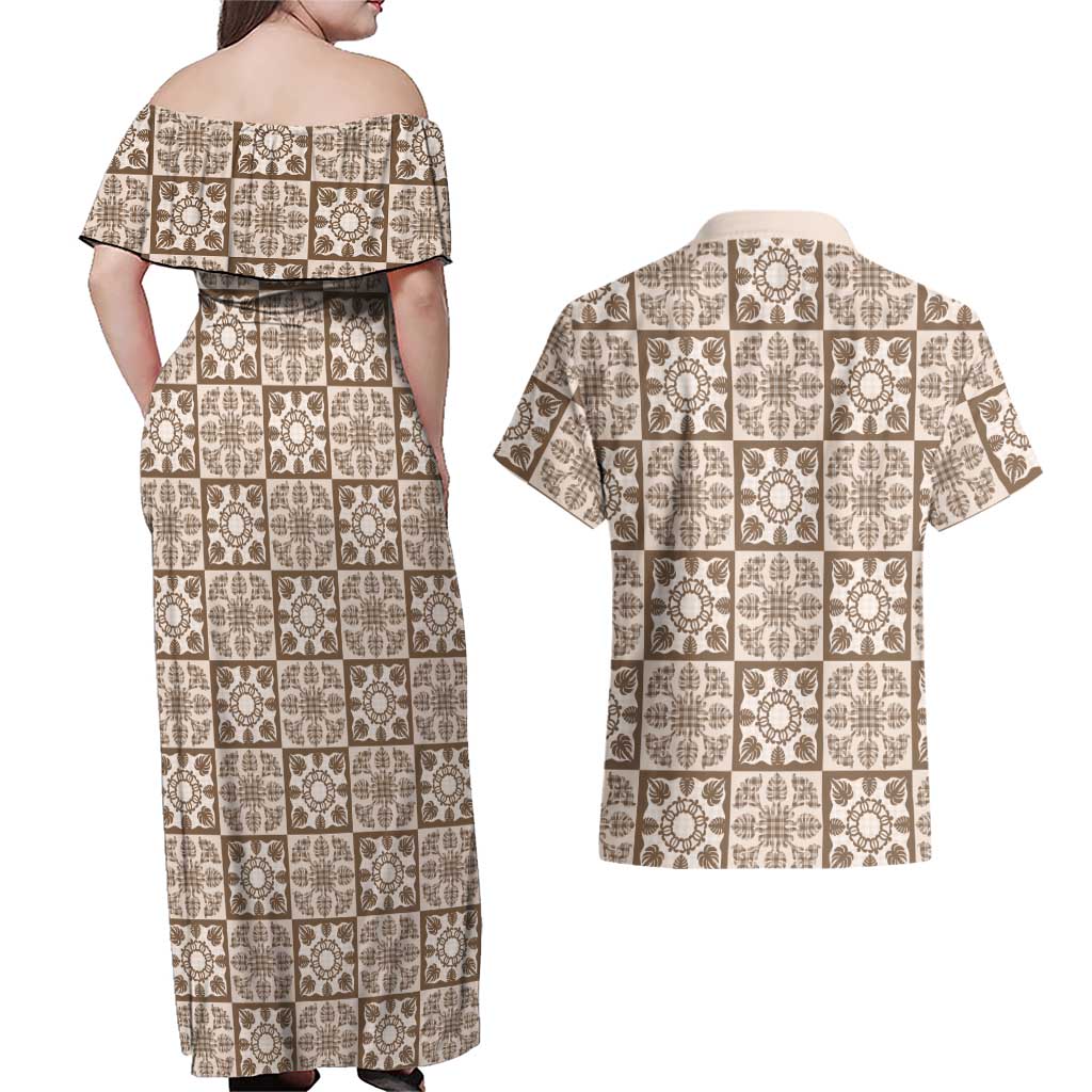 Beige Palaka Quilt Hawaii Couples Matching Off Shoulder Maxi Dress and Hawaiian Shirt Hawaiian Tropical Monstera Sea Turtle LT14 - Polynesian Pride
