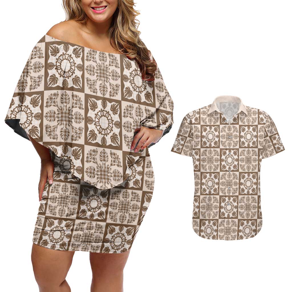 Beige Palaka Quilt Hawaii Couples Matching Off Shoulder Short Dress and Hawaiian Shirt Hawaiian Tropical Monstera Sea Turtle LT14 Beige - Polynesian Pride