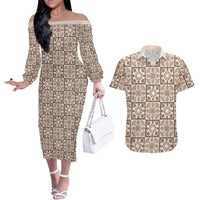 Beige Palaka Quilt Hawaii Couples Matching Off The Shoulder Long Sleeve Dress and Hawaiian Shirt Hawaiian Tropical Monstera Sea Turtle LT14 Beige - Polynesian Pride