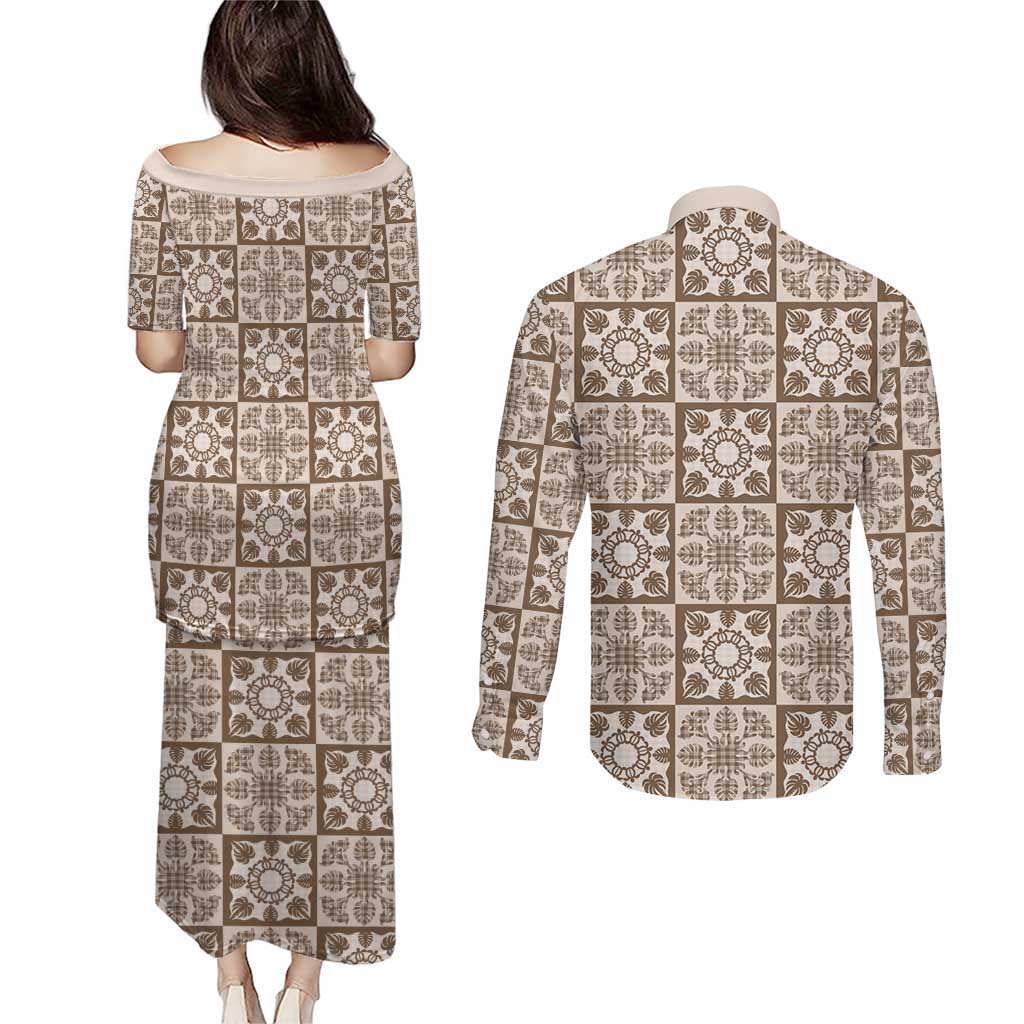 Beige Palaka Quilt Hawaii Couples Matching Puletasi and Long Sleeve Button Shirt Hawaiian Tropical Monstera Sea Turtle