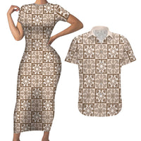 Beige Palaka Quilt Hawaii Couples Matching Short Sleeve Bodycon Dress and Hawaiian Shirt Hawaiian Tropical Monstera Sea Turtle LT14 Beige - Polynesian Pride