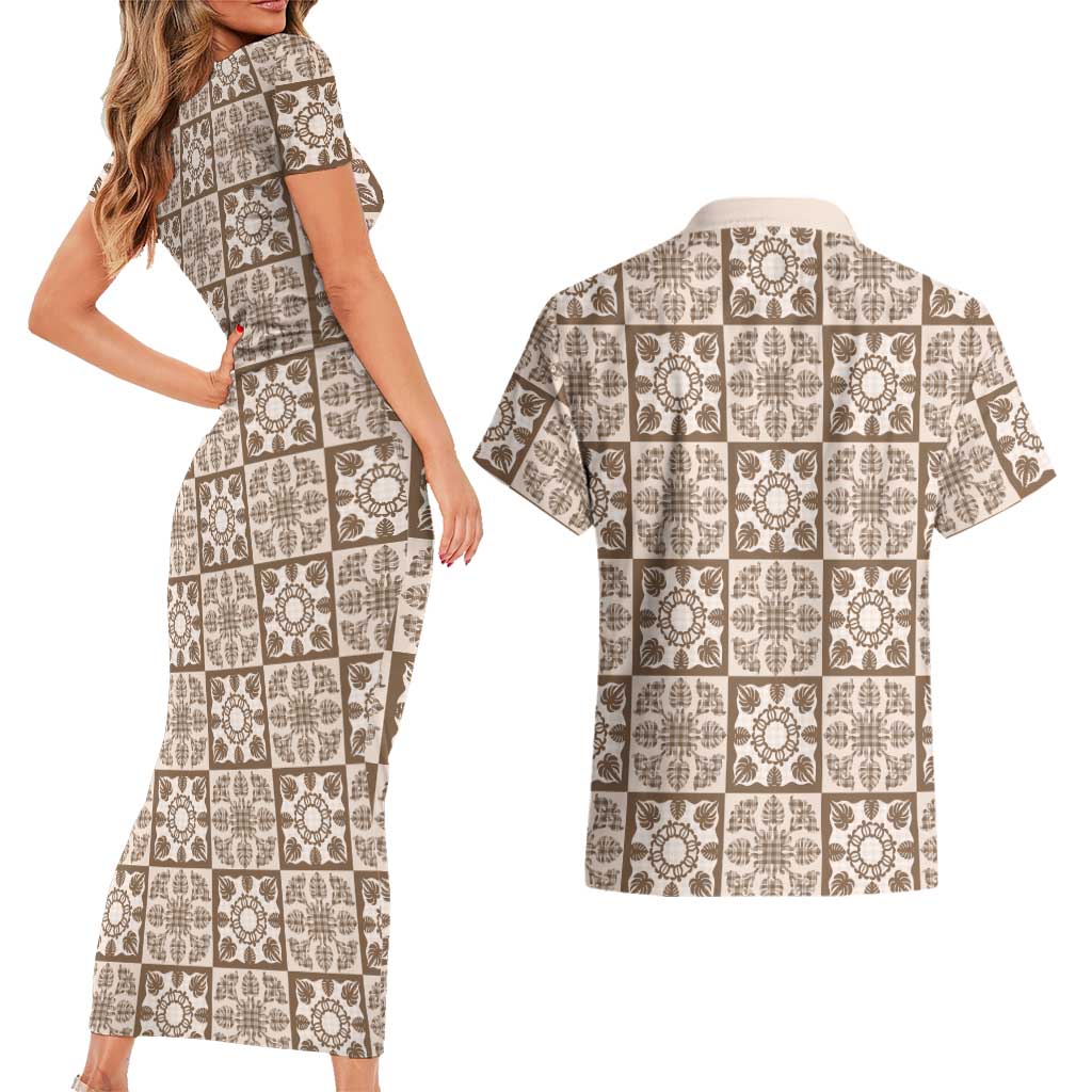 Beige Palaka Quilt Hawaii Couples Matching Short Sleeve Bodycon Dress and Hawaiian Shirt Hawaiian Tropical Monstera Sea Turtle LT14 - Polynesian Pride