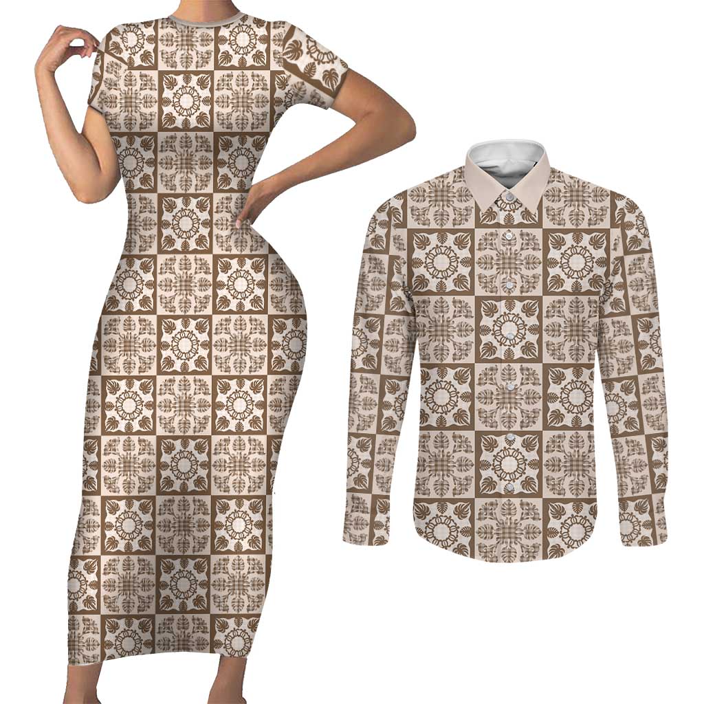 Beige Palaka Quilt Hawaii Couples Matching Short Sleeve Bodycon Dress and Long Sleeve Button Shirt Hawaiian Tropical Monstera Sea Turtle LT14 Beige - Polynesian Pride