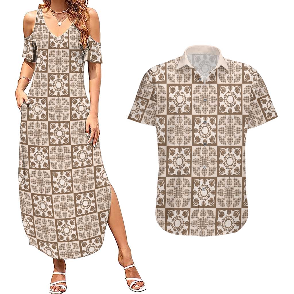 Beige Palaka Quilt Hawaii Couples Matching Summer Maxi Dress and Hawaiian Shirt Hawaiian Tropical Monstera Sea Turtle