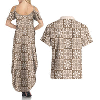 Beige Palaka Quilt Hawaii Couples Matching Summer Maxi Dress and Hawaiian Shirt Hawaiian Tropical Monstera Sea Turtle LT14 - Polynesian Pride