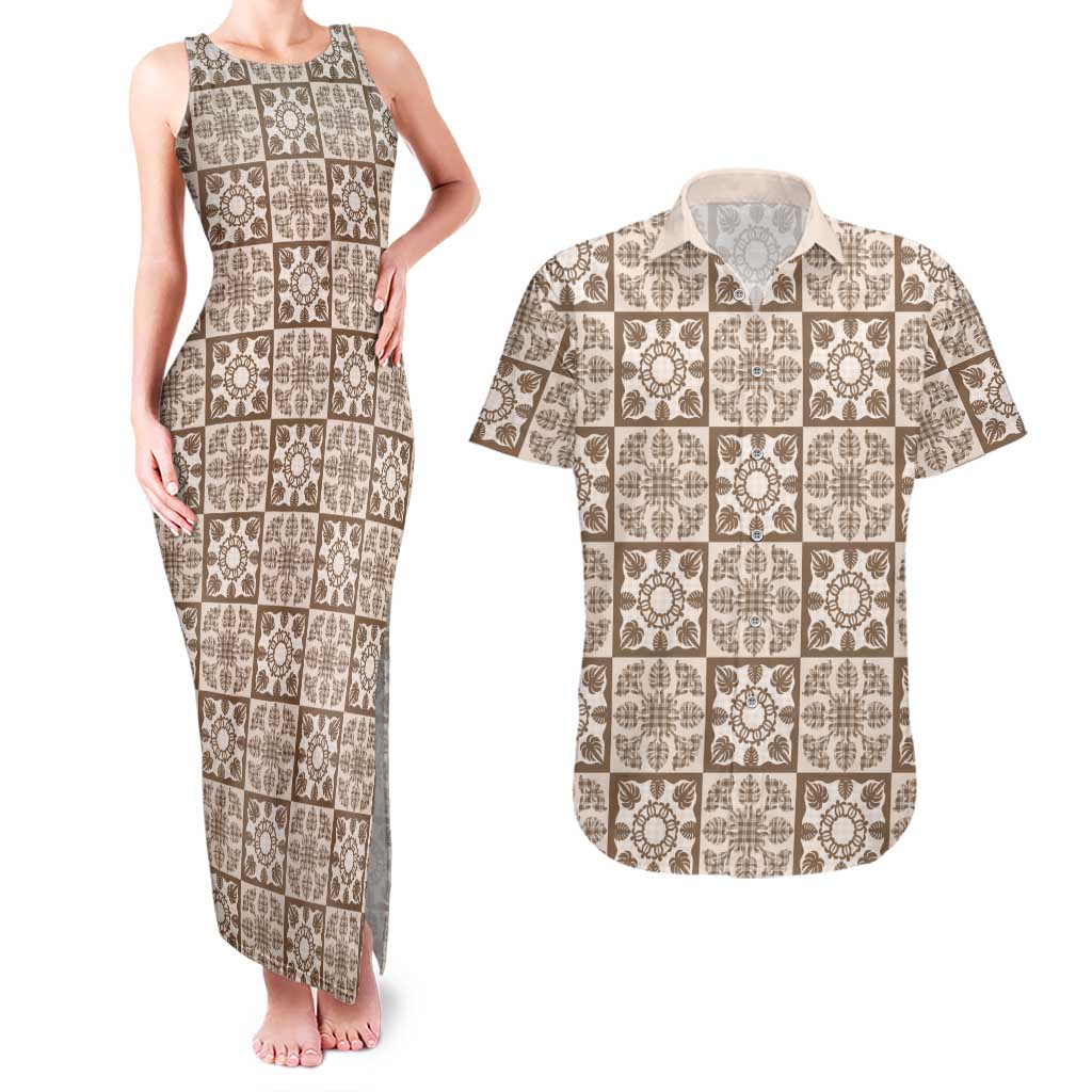 Beige Palaka Quilt Hawaii Couples Matching Tank Maxi Dress and Hawaiian Shirt Hawaiian Tropical Monstera Sea Turtle LT14 Beige - Polynesian Pride