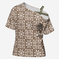 Beige Palaka Quilt Hawaii Cross Shoulder Shirt Hawaiian Tropical Monstera Sea Turtle