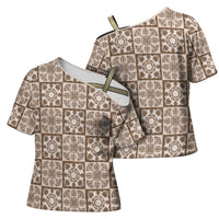 Beige Palaka Quilt Hawaii Cross Shoulder Shirt Hawaiian Tropical Monstera Sea Turtle