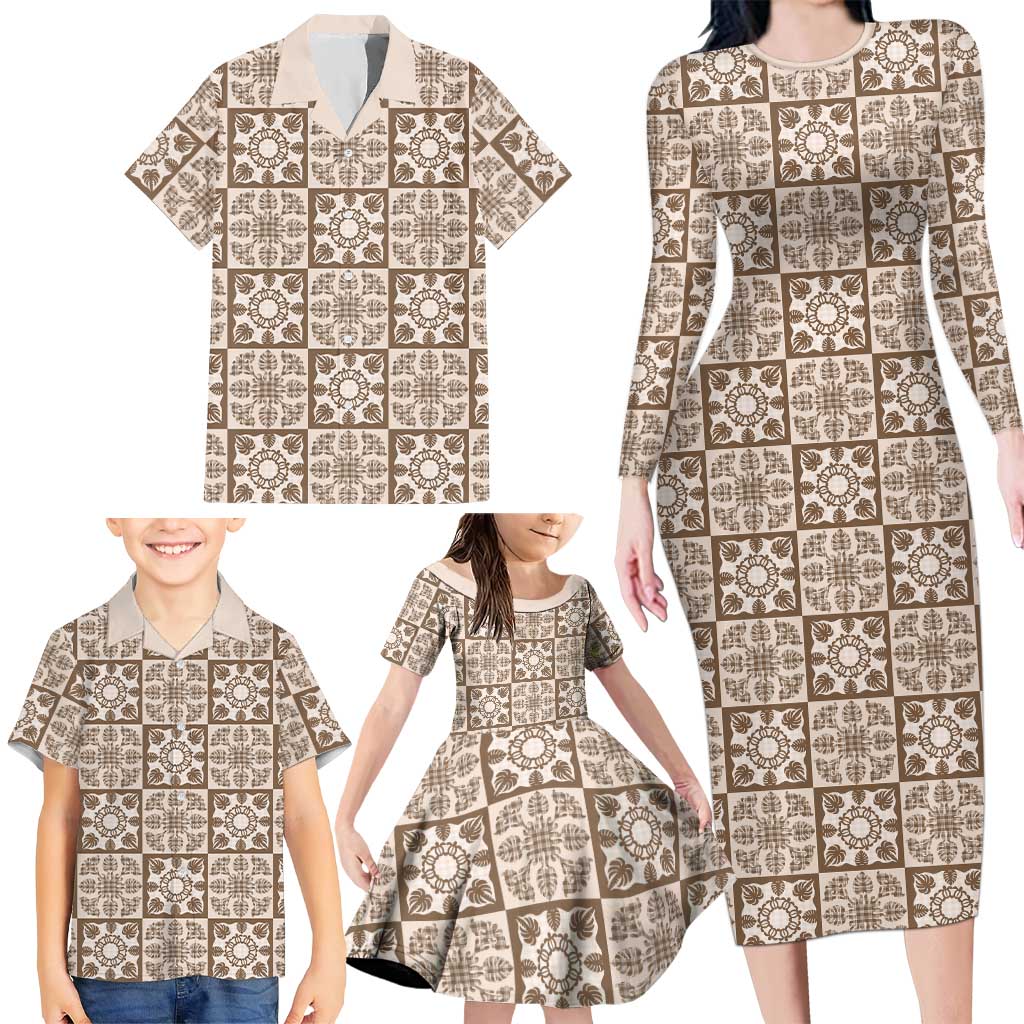 Beige Palaka Quilt Hawaii Family Matching Long Sleeve Bodycon Dress and Hawaiian Shirt Hawaiian Tropical Monstera Sea Turtle LT14 - Polynesian Pride