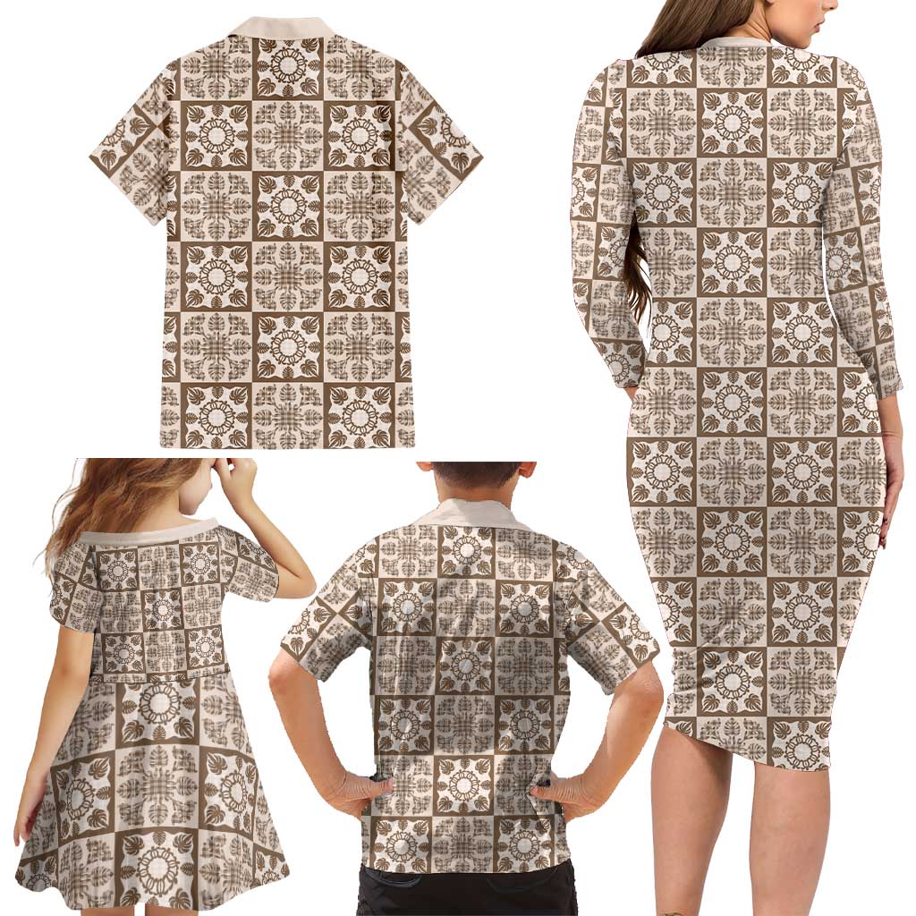 Beige Palaka Quilt Hawaii Family Matching Long Sleeve Bodycon Dress and Hawaiian Shirt Hawaiian Tropical Monstera Sea Turtle LT14 - Polynesian Pride