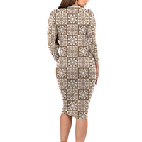 Beige Palaka Quilt Hawaii Family Matching Long Sleeve Bodycon Dress and Hawaiian Shirt Hawaiian Tropical Monstera Sea Turtle LT14 - Polynesian Pride
