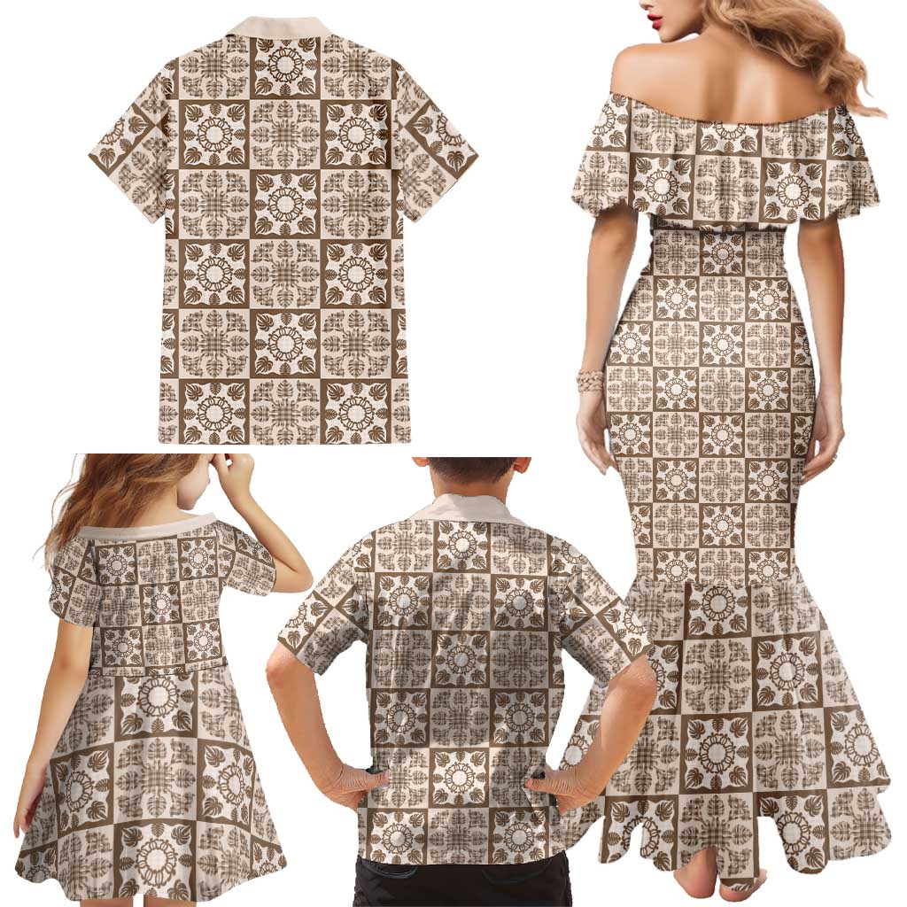 Beige Palaka Quilt Hawaii Family Matching Mermaid Dress and Hawaiian Shirt Hawaiian Tropical Monstera Sea Turtle LT14 - Polynesian Pride