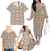 Beige Palaka Quilt Hawaii Family Matching Off The Shoulder Long Sleeve Dress and Hawaiian Shirt Hawaiian Tropical Monstera Sea Turtle LT14 - Polynesian Pride
