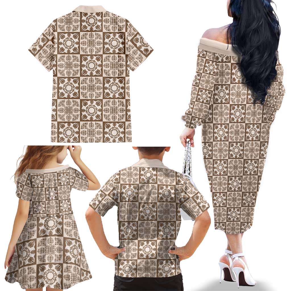 Beige Palaka Quilt Hawaii Family Matching Off The Shoulder Long Sleeve Dress and Hawaiian Shirt Hawaiian Tropical Monstera Sea Turtle LT14 - Polynesian Pride