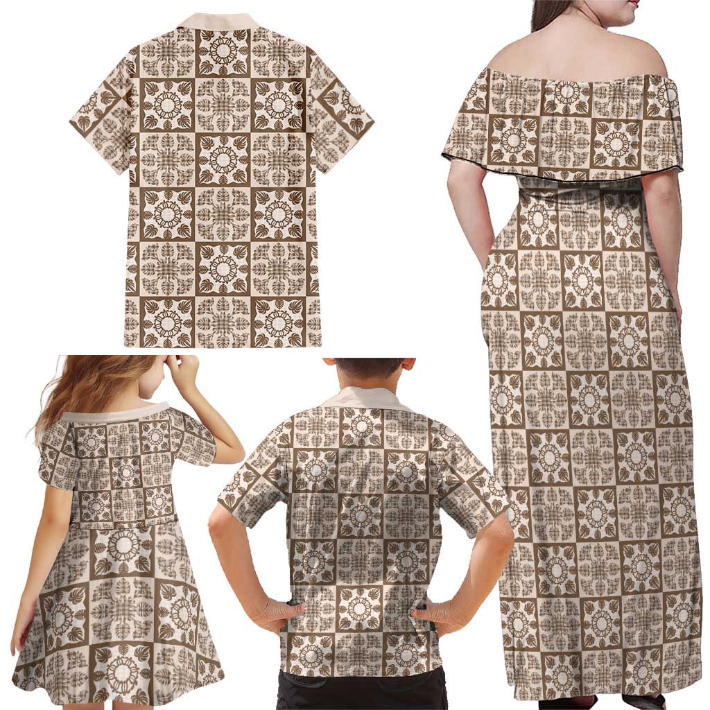 Beige Palaka Quilt Hawaii Family Matching Off Shoulder Maxi Dress and Hawaiian Shirt Hawaiian Tropical Monstera Sea Turtle LT14 - Polynesian Pride