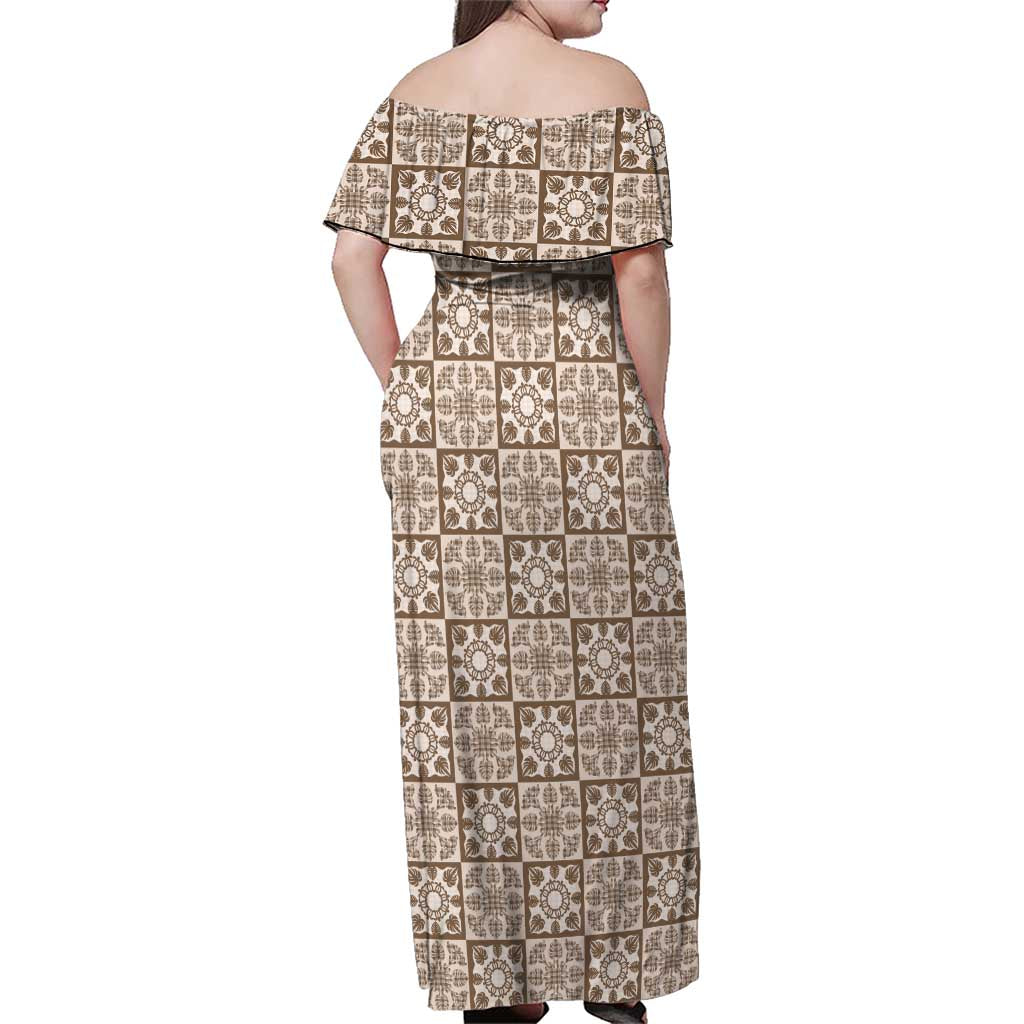 Beige Palaka Quilt Hawaii Family Matching Off Shoulder Maxi Dress and Hawaiian Shirt Hawaiian Tropical Monstera Sea Turtle LT14 - Polynesian Pride