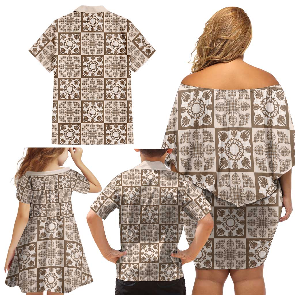 Beige Palaka Quilt Hawaii Family Matching Off Shoulder Short Dress and Hawaiian Shirt Hawaiian Tropical Monstera Sea Turtle LT14 - Polynesian Pride