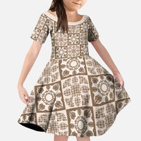 Beige Palaka Quilt Hawaii Family Matching Puletasi and Hawaiian Shirt Hawaiian Tropical Monstera Sea Turtle LT14 Daughter's Dress Beige - Polynesian Pride