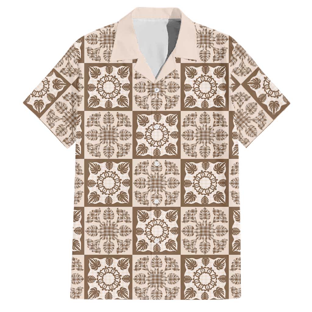 Beige Palaka Quilt Hawaii Family Matching Puletasi and Hawaiian Shirt Hawaiian Tropical Monstera Sea Turtle LT14 Dad's Shirt - Short Sleeve Beige - Polynesian Pride