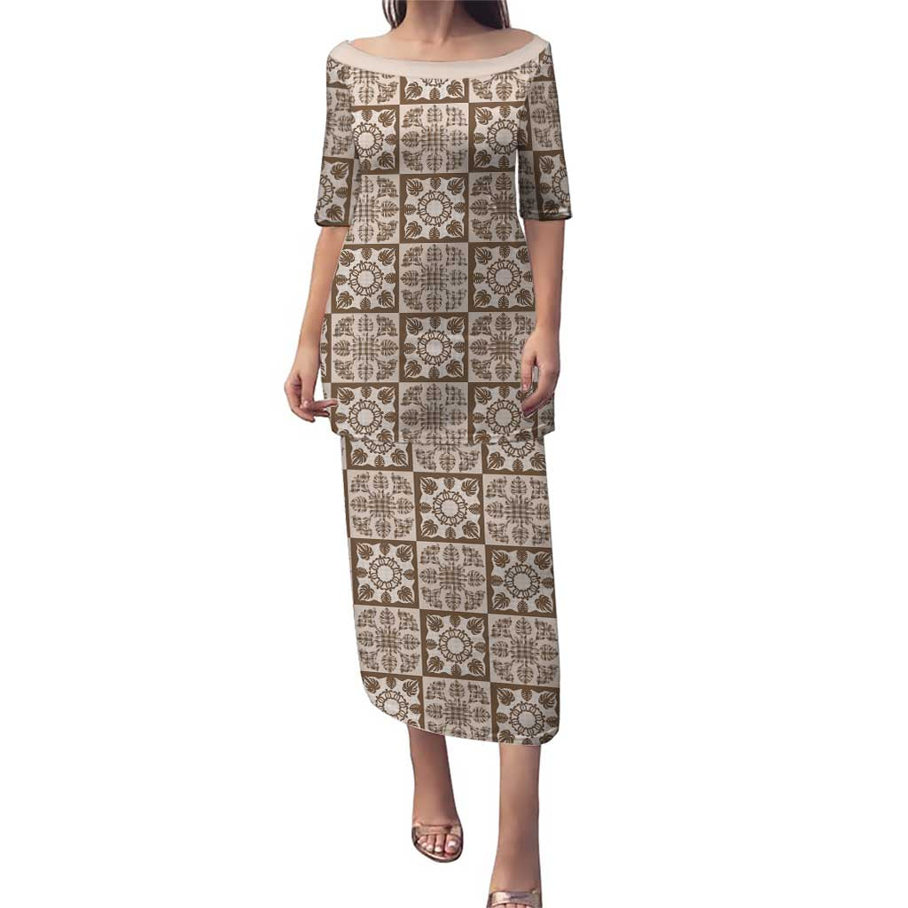 Beige Palaka Quilt Hawaii Family Matching Puletasi and Hawaiian Shirt Hawaiian Tropical Monstera Sea Turtle LT14 Mom's Dress Beige - Polynesian Pride