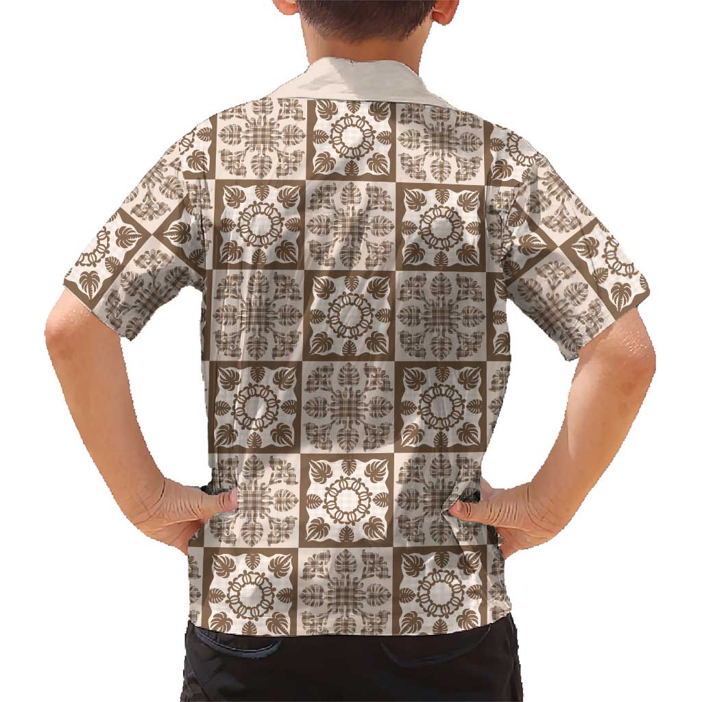 Beige Palaka Quilt Hawaii Family Matching Short Sleeve Bodycon Dress and Hawaiian Shirt Hawaiian Tropical Monstera Sea Turtle LT14 - Polynesian Pride