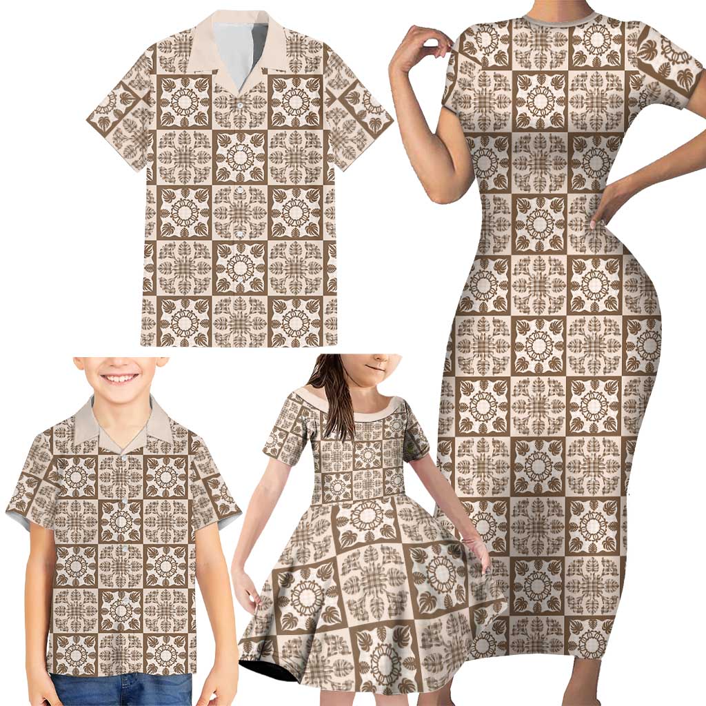 Beige Palaka Quilt Hawaii Family Matching Short Sleeve Bodycon Dress and Hawaiian Shirt Hawaiian Tropical Monstera Sea Turtle LT14 - Polynesian Pride