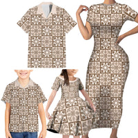 Beige Palaka Quilt Hawaii Family Matching Short Sleeve Bodycon Dress and Hawaiian Shirt Hawaiian Tropical Monstera Sea Turtle LT14 - Polynesian Pride