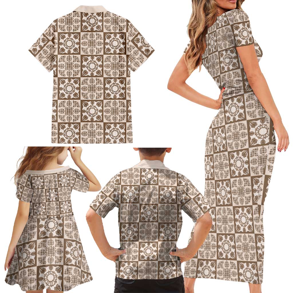 Beige Palaka Quilt Hawaii Family Matching Short Sleeve Bodycon Dress and Hawaiian Shirt Hawaiian Tropical Monstera Sea Turtle LT14 - Polynesian Pride