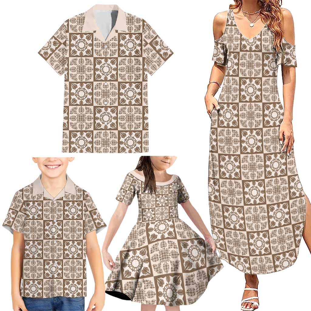 Beige Palaka Quilt Hawaii Family Matching Summer Maxi Dress and Hawaiian Shirt Hawaiian Tropical Monstera Sea Turtle LT14 - Polynesian Pride