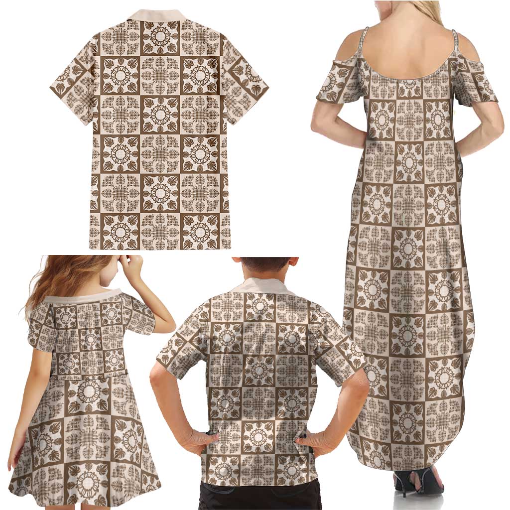 Beige Palaka Quilt Hawaii Family Matching Summer Maxi Dress and Hawaiian Shirt Hawaiian Tropical Monstera Sea Turtle LT14 - Polynesian Pride