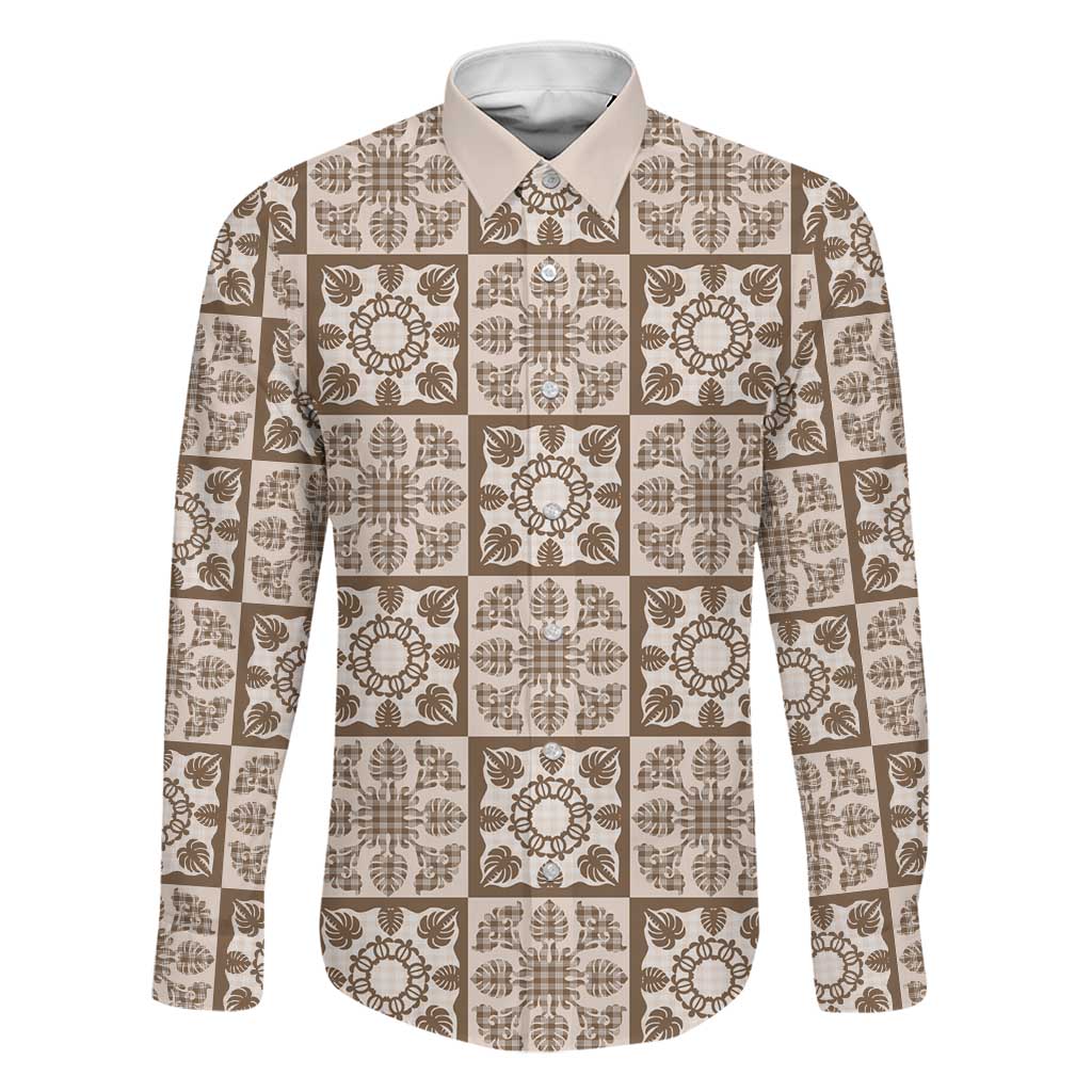 Beige Palaka Quilt Hawaii Family Matching Summer Maxi Dress and Hawaiian Shirt Hawaiian Tropical Monstera Sea Turtle LT14 Dad's Shirt - Long Sleeve Beige - Polynesian Pride