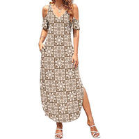 Beige Palaka Quilt Hawaii Family Matching Summer Maxi Dress and Hawaiian Shirt Hawaiian Tropical Monstera Sea Turtle LT14 Mom's Dress Beige - Polynesian Pride
