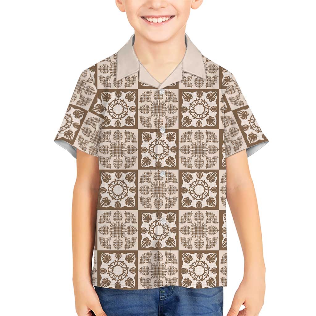 Beige Palaka Quilt Hawaii Family Matching Tank Maxi Dress and Hawaiian Shirt Hawaiian Tropical Monstera Sea Turtle LT14 Son's Shirt Beige - Polynesian Pride
