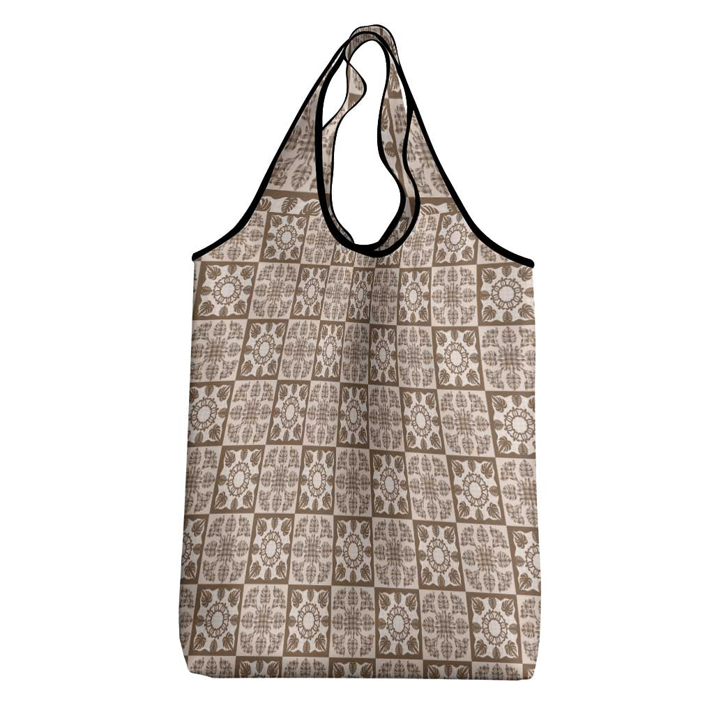 Beige Palaka Quilt Hawaii Grocery Bag Hawaiian Tropical Monstera Sea Turtle LT14 - Polynesian Pride