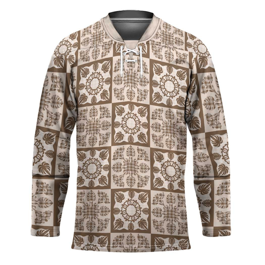 Beige Palaka Quilt Hawaii Hockey Jersey Hawaiian Tropical Monstera Sea Turtle