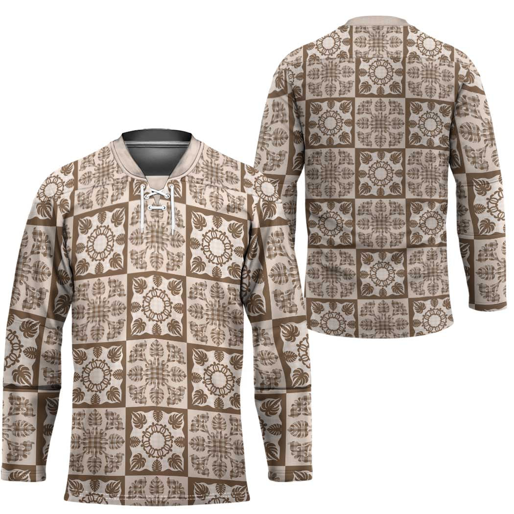 Beige Palaka Quilt Hawaii Hockey Jersey Hawaiian Tropical Monstera Sea Turtle