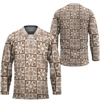 Beige Palaka Quilt Hawaii Hockey Jersey Hawaiian Tropical Monstera Sea Turtle