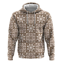 Beige Palaka Quilt Hawaii Hoodie Hawaiian Tropical Monstera Sea Turtle